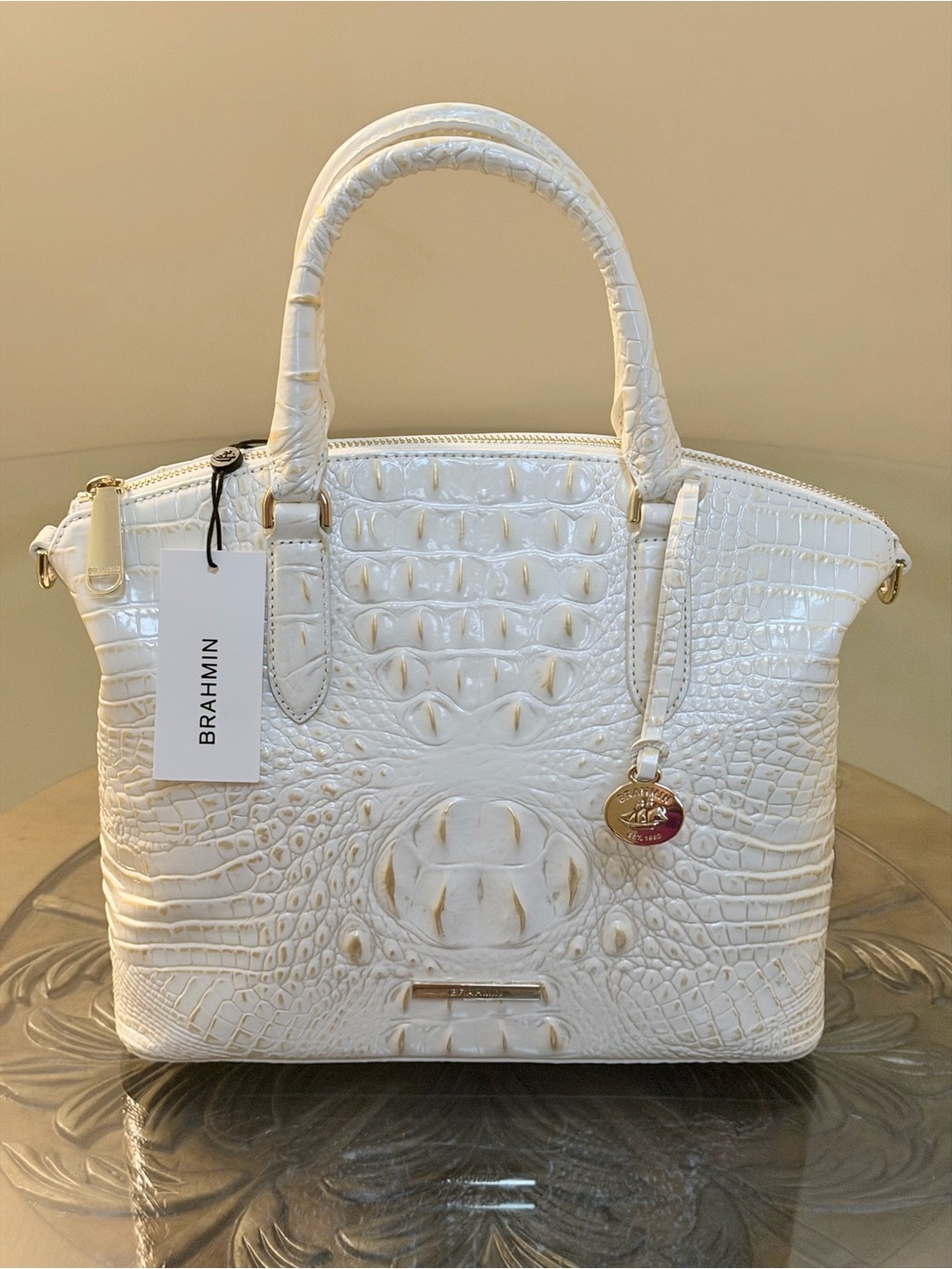Brahmin Duxbury Chantilly White Croc-Embossed Satchel with Detachable Strap - Picture 3 of 15